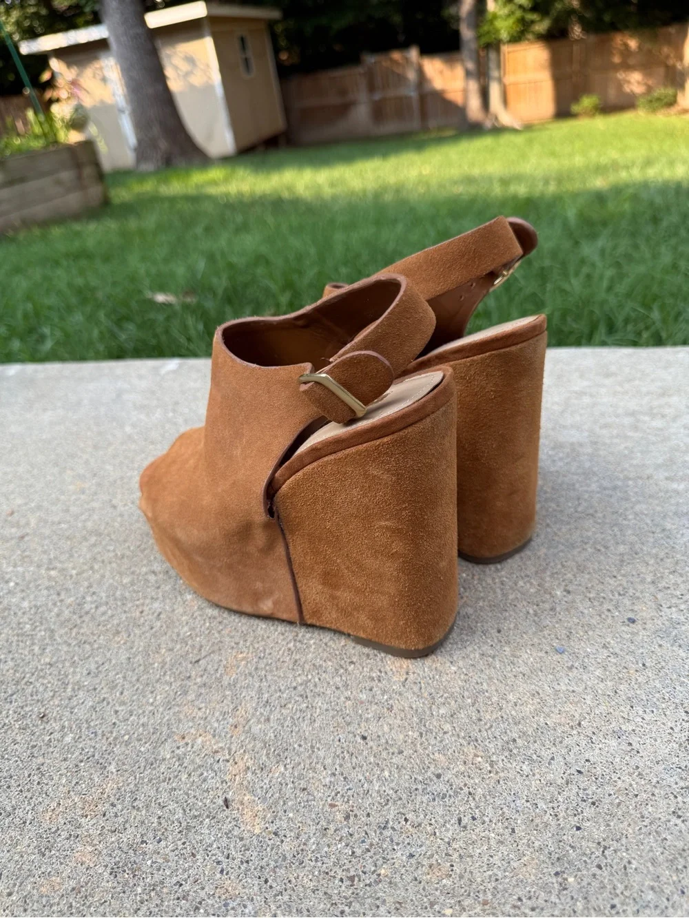 BCBGeneration Fader Tan Suede Peep Toe Platform Slingback Wedge Sandals Size 6M